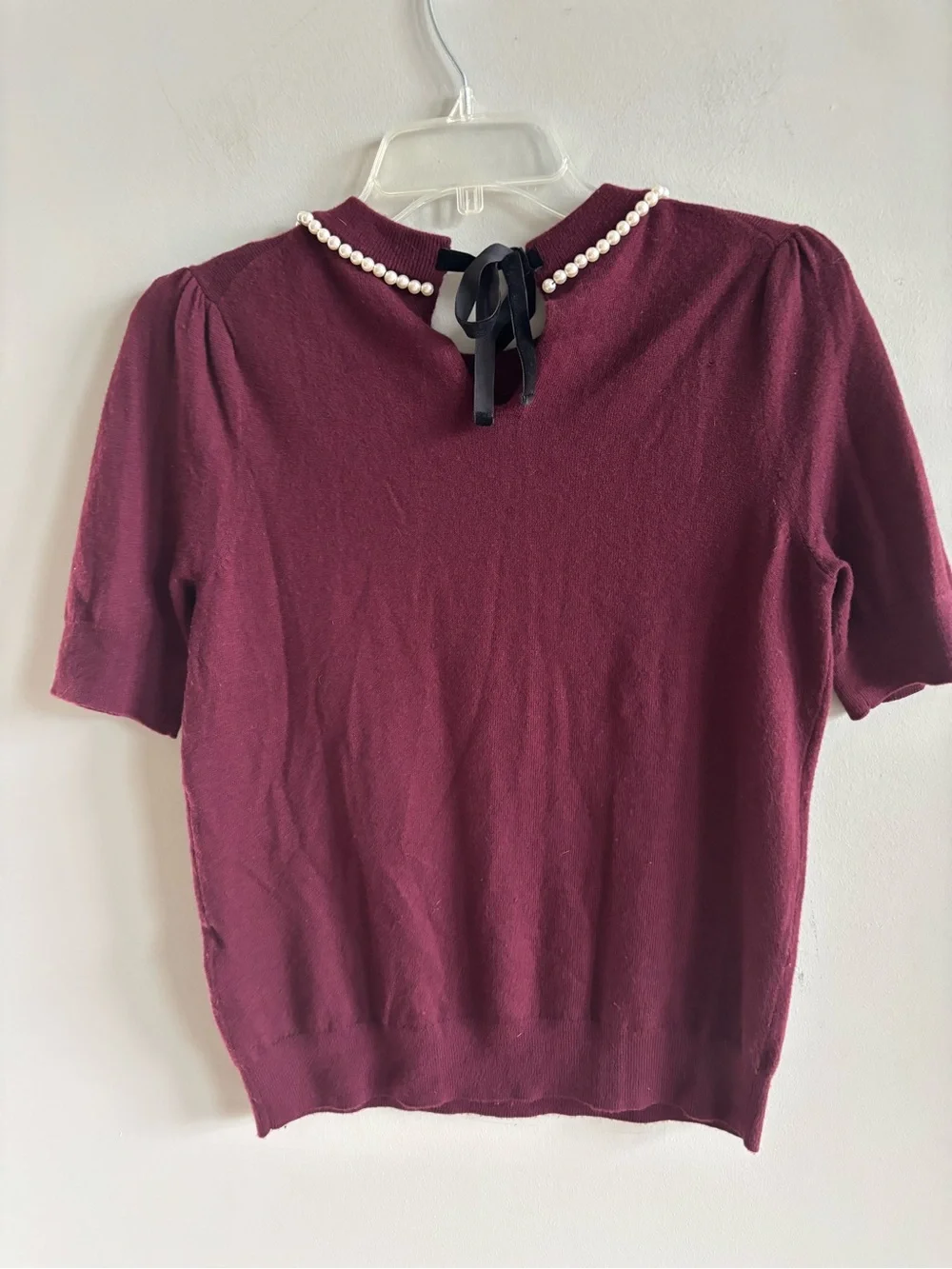 Kate Spade New York Pearl Embellished Velvet Bow Short Sleeve Sweater Burgundy M